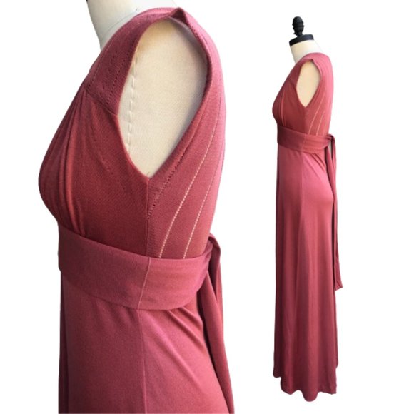 Vtg 70s Puce Rose Pointelle Knit V-Neck Tie Waist Open Back Maxi Disco Gown S/M - Picture 7 of 17